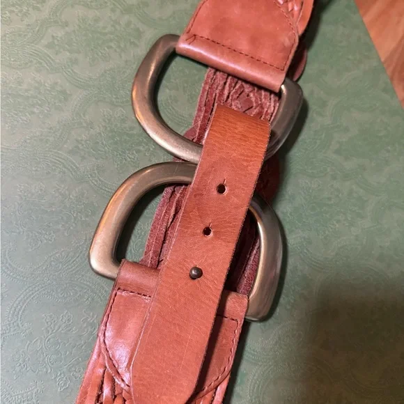 Linea Pelle tan Woven Wide Belt with two enormous D rings as the centerpiece.